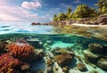 An over-under shot of a coral reef in the oceanic islands.