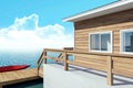 Over-water modern bungalow resort for vacation with boat