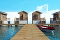 Over-water modern bungalow resort for vacation with boat