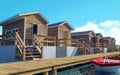 Over-water modern bungalow resort for vacation with boat