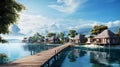 : Over water villas line in Maldivas with wooden foot bridge at sunset, holiday ad travel concept