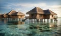 : Over water villas line in Maldivas with wooden foot bridge at sunset, holiday ad travel concept