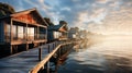 : Over water villas line in Maldivas with wooden foot bridge at sunset, holiday ad travel concept