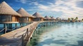 : Over water villas line in Maldivas with wooden foot bridge at sunset, holiday ad travel concept