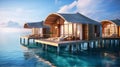 : Over water villas line in Maldivas with wooden foot bridge at sunset, holiday ad travel concept