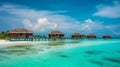 Over water villas and white sand beach on tropical isl. Generative ai Royalty Free Stock Photo