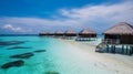 Over water villas and white sand beach on tropical isl. Generative ai Royalty Free Stock Photo