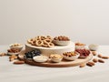 over white background dried fruits and nuts arranged on podium