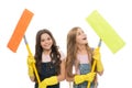 Overall cleaning. Cheerful small cleaning ladies. Cute girls holding mops for cleaning floor. Little cleaners happy