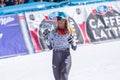 Overall FIS Alpine ski Super G `s winner US Mikaela Shiffrin celebrates as she holds the crystal globe trophy during the podium ce