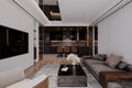 overall view from a contemporary apartment, Modern interior with modern furniture, 3D rendering