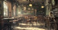 An overall view of a vintage cafe showcasing its rustic decor and antique charm. The lighting is soft and warm