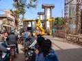 Overbridge construction work going on between street traffic in india oct 2019