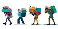 Overburdened hiker trekker figure person vector graphics illustration