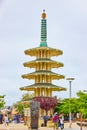 Overcast day in San Francisco Japantown with people around Peace Pagoda