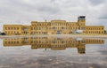 Overcast exteropr view of the Aviation Museum with reflection Royalty Free Stock Photo