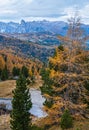 Overcast morning autumn alpine Dolomites mountain scene. Peaceful Valparola Path view, Belluno, Italy Royalty Free Stock Photo