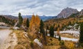 Overcast morning autumn alpine Dolomites mountain scene. Peaceful Valparola Path view, Belluno, Italy Royalty Free Stock Photo