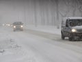 Overcast. Natural disasters winter, blizzard, heavy snow paralyzed city car roads, collapse. Snow covered cyclone Royalty Free Stock Photo