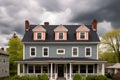 overcast sky above colonial revival house with dormer windows