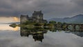 Overcast sunset light on Eilean Donan Castle on Lochalsh, Highlands, Scotland Royalty Free Stock Photo