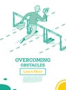 Overcome Business Obstacles. Businessman Jump over Hurdle. Isometric Outline Concept