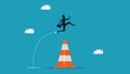 Overcome business obstacles. Businessman jumping over a roadblock