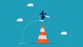 Overcome business obstacles. Businesswoman jumping over a roadblock