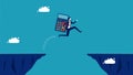 Overcome financial and accounting risks and obstacles. businessman with a calculator jumps over the gap