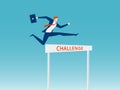 Overcome obstacles and success concept. Businessman holding briefcase jumping over hurdle race obstacle.