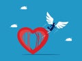 Overcome yourself and get out of the heart cage. Businesswoman with flying wings.