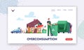 Overconsumption Landing Page Template. Family or Customers Characters Load Goods from Car to Home Full of Useless Things