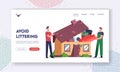 Overconsumption Landing Page Template. Male Characters Customer and Loader Loading Goods to Home Full of Useless Things
