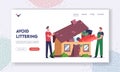 Overconsumption Landing Page Template. Male Characters Customer and Loader Loading Goods to Home Full of Useless Things
