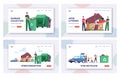 Overconsumption Landing Page Template Set. Family or Customers Characters Load Goods from Car to Home Full of Things