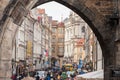 Overcrowded street packed with tourists in the district of Mala Strana, on the Mostecka street,in the old town