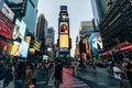 Overcrowded Time square in New York architecture and billboards in the evening