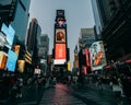 Overcrowded Time square in New York architecture and billboards in the evening