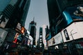 Overcrowded Time square in New York architecture and billboards in the evening