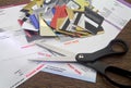 Overdue Bills, Scissors, & Cut Credit Cards Royalty Free Stock Photo