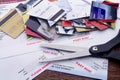 Overdue Bills, Scissors, & Cut Up Credit Cards Royalty Free Stock Photo