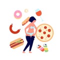 Overeating. Fast food addiction, nutrition problems consequences. Burger and sweets unhealthy dishes. Female overweight