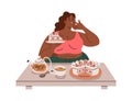 Overeating and gluttony. Fat chunky woman eating sweet cake, sugar food, confectionery. Chubby character with pastry