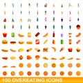 100 overeating icons set, cartoon style