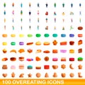 100 overeating icons set, cartoon style