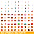 100 overeating icons set, cartoon style