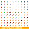 100 overeating icons set, cartoon style