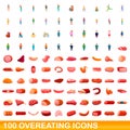 100 overeating icons set, cartoon style