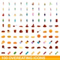 100 overeating icons set, cartoon style