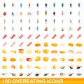 100 overeating icons set, cartoon style